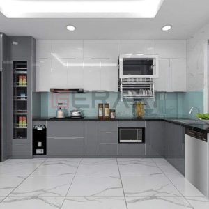 Tủ bếp inox cánh kính chữ L PKC01